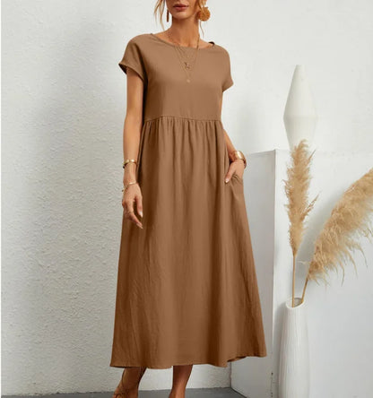 Fashion solid color cotton linen pocket dress