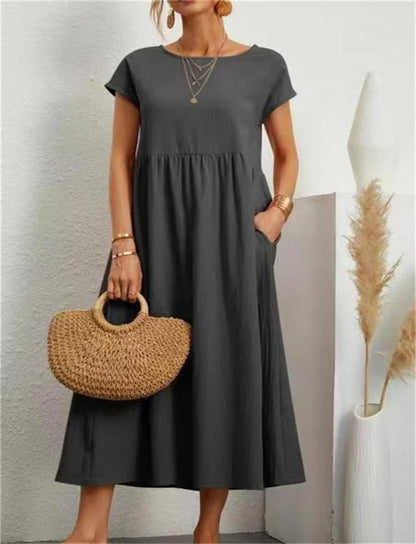 Fashion solid color cotton linen pocket dress