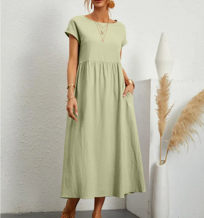 Fashion solid color cotton linen pocket dress