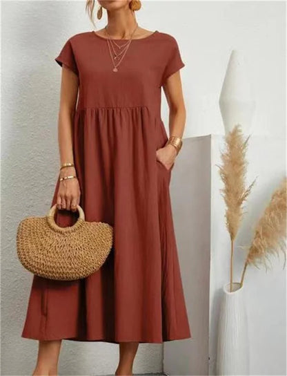 Fashion solid color cotton linen pocket dress