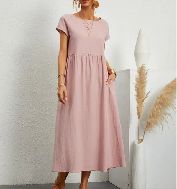 Fashion solid color cotton linen pocket dress