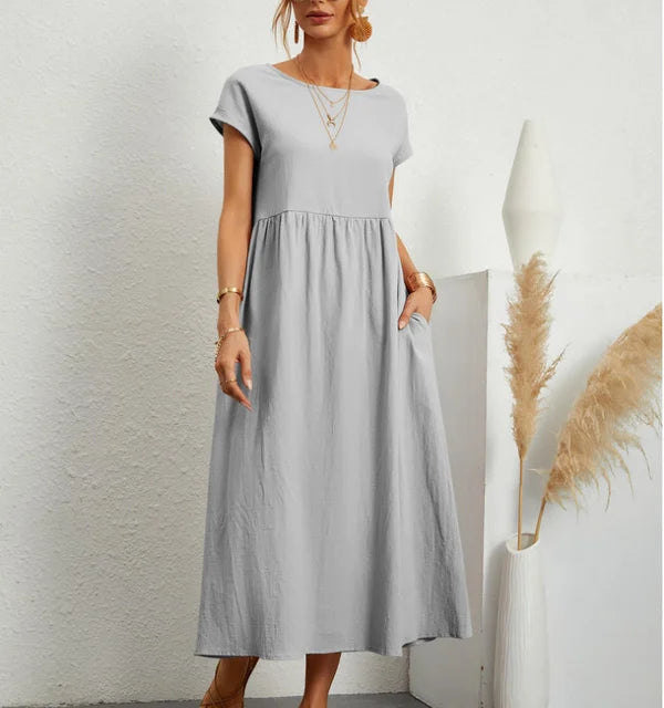 Fashion solid color cotton linen pocket dress