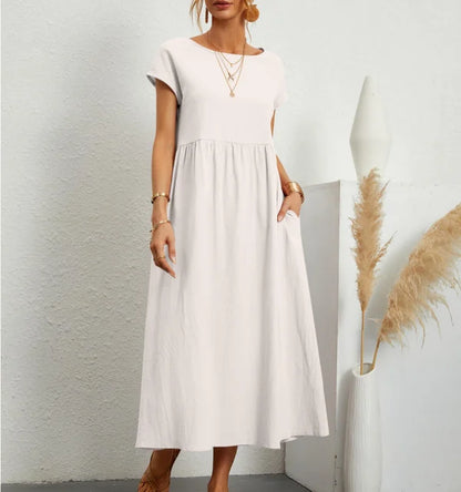 Fashion solid color cotton linen pocket dress