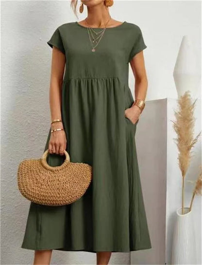 Fashion solid color cotton linen pocket dress